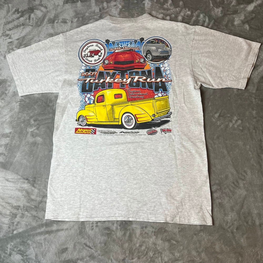 Vtg Car Show Shirt Size Medium Grey Short Sleeve Daytona Turkey Run Street Y2K